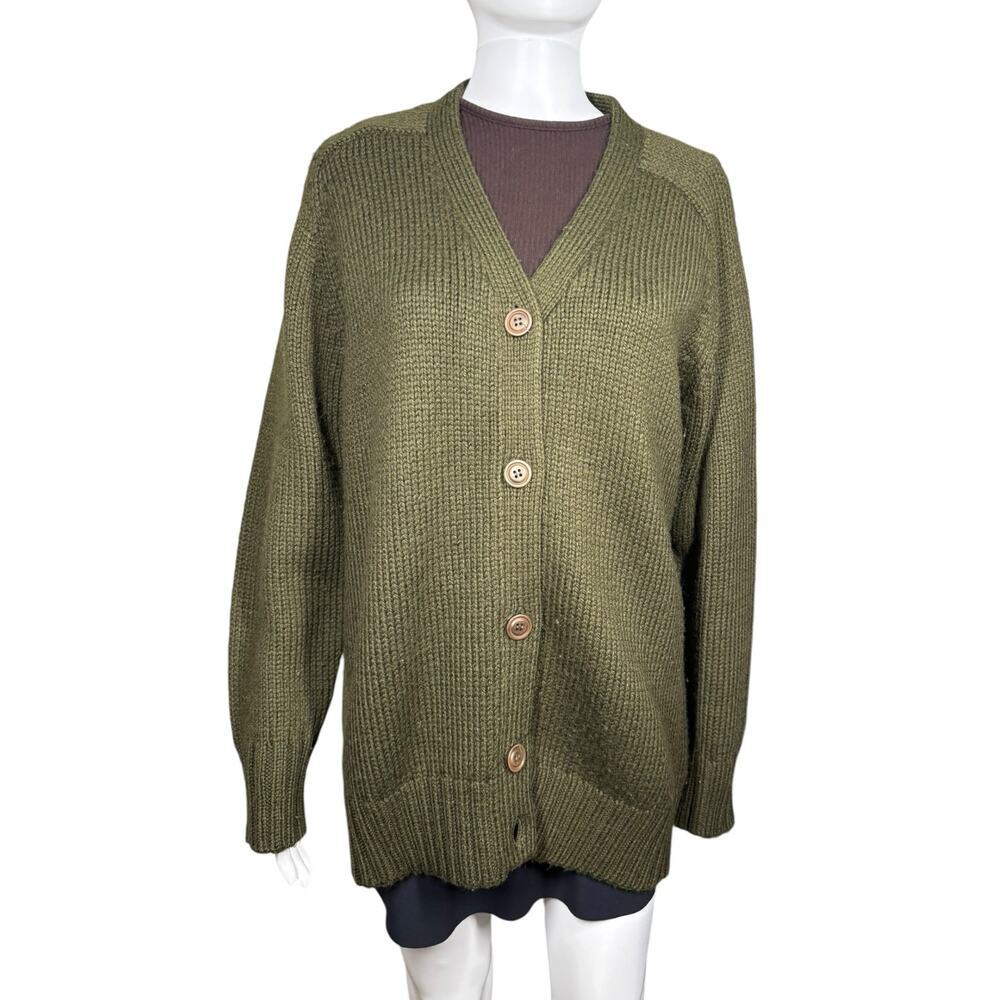 Jones New York Sport Vintage Wool Blend Olive Green Chunky Knit Cardigan Medium